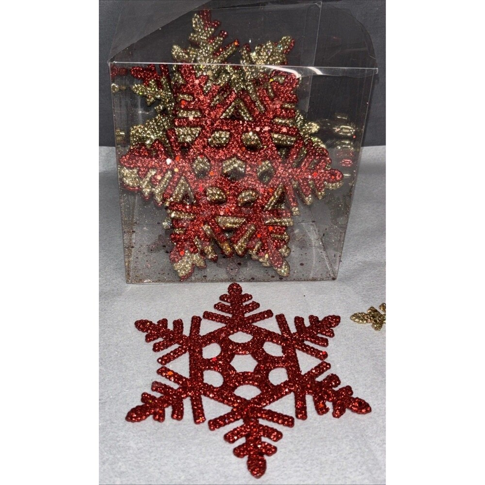 25 Glitter Snowflake Ornaments Christmas Tree Hanging Decoration Red Gold w/Box
